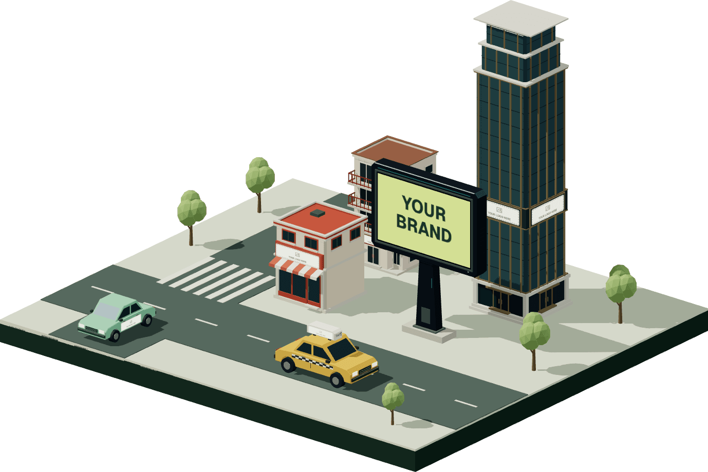 Illustration of logo placements on a city billboard, storefront, tower, and vehicles.